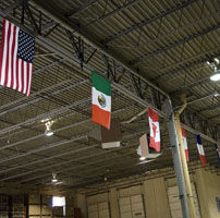 National flags hanging from rafters